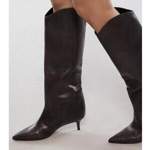 SCHUTZ Maryana Lo Leather Boots Grey Kitten Heel Pointed Toe Women's 6B